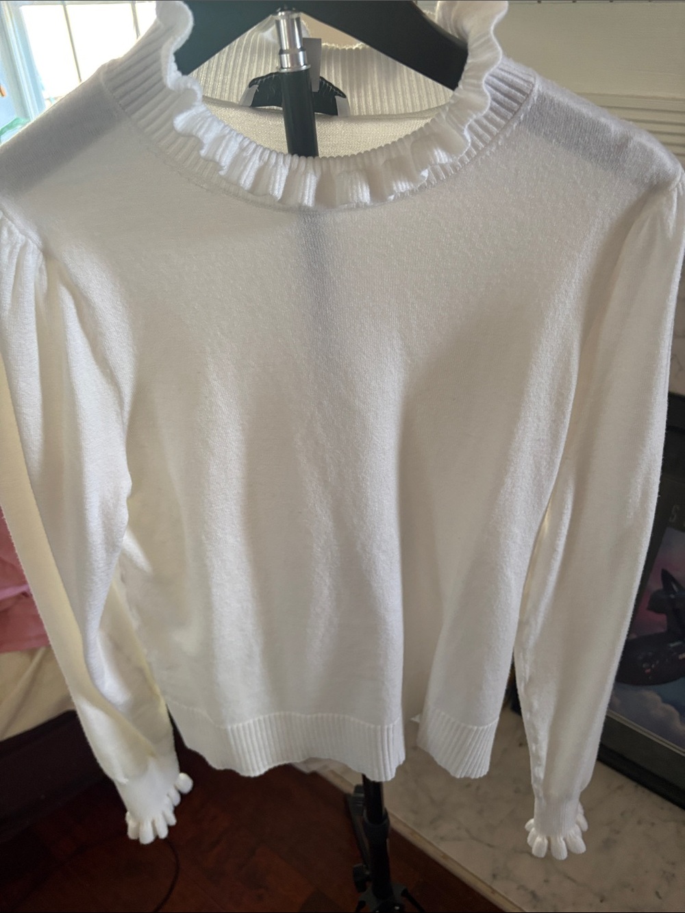 CeCe White Ruffle Neck Crew Sweater